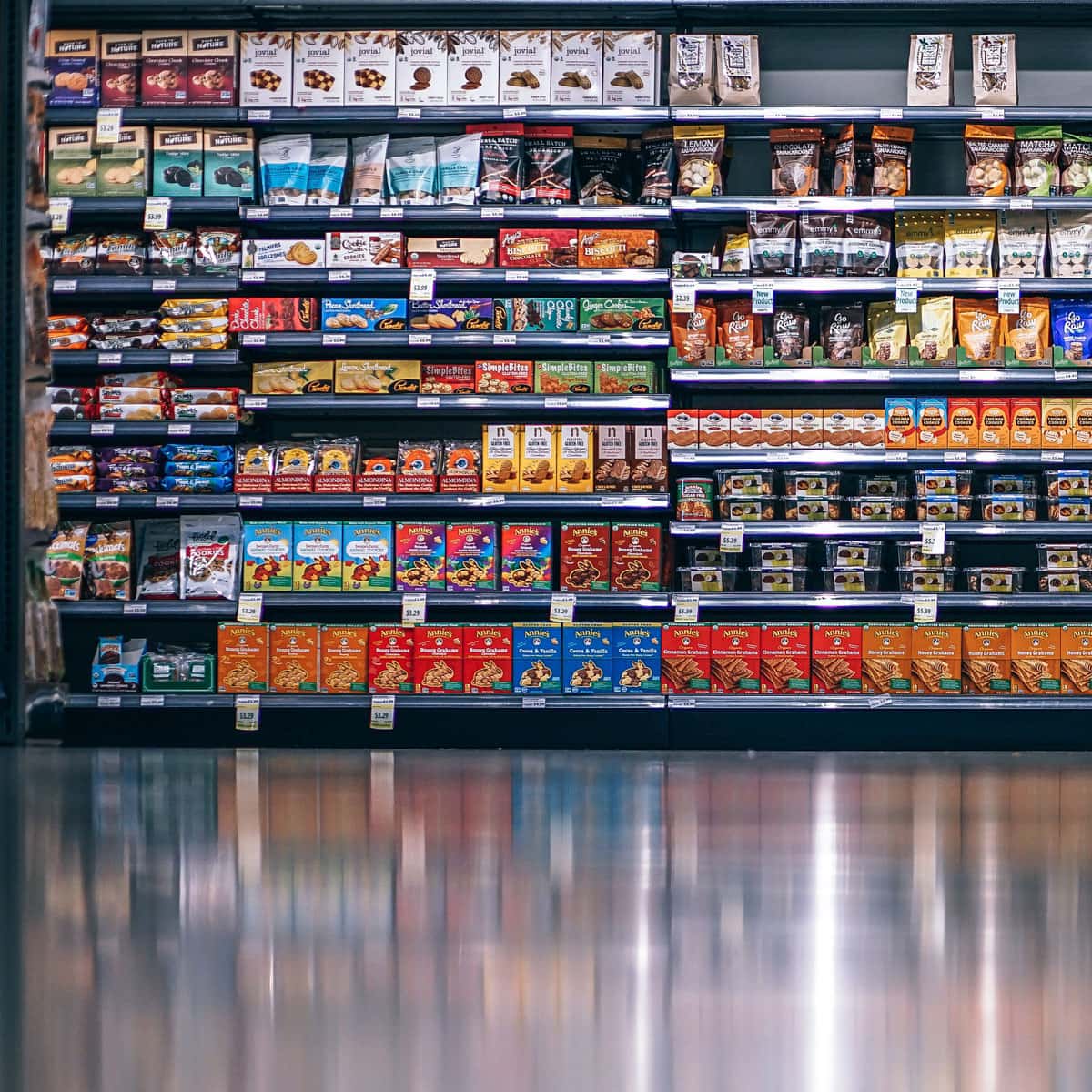 Supermarket shelf with processed foods