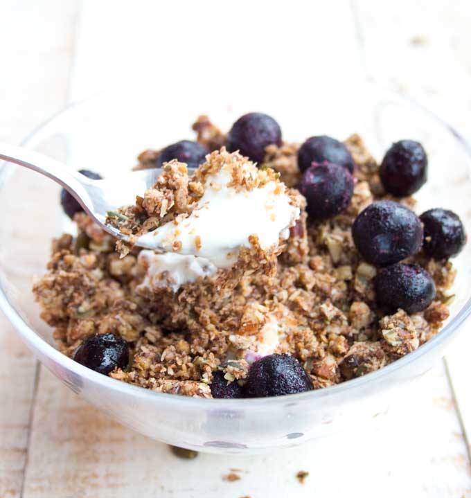 a bowl of grain free granola with blueberries and a spoon