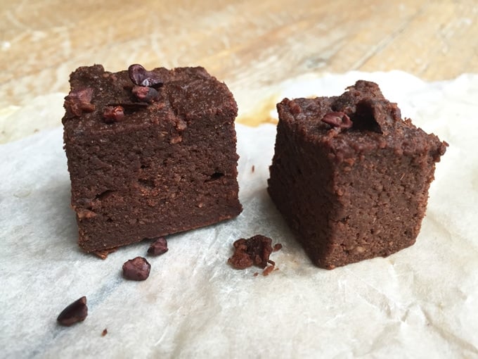 2 slices of sweet potato brownies on parchment paper