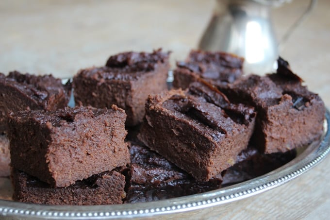 Close-up of a tray of sweet potato brownies cut into squares