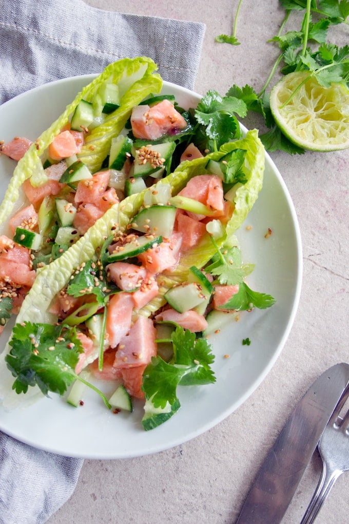 salmon ceviche on a plate with lime