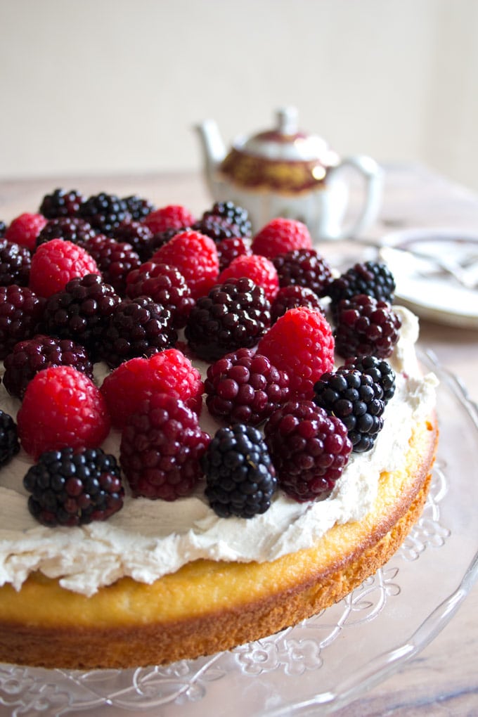 An Almond Flour Cake on a cake stand