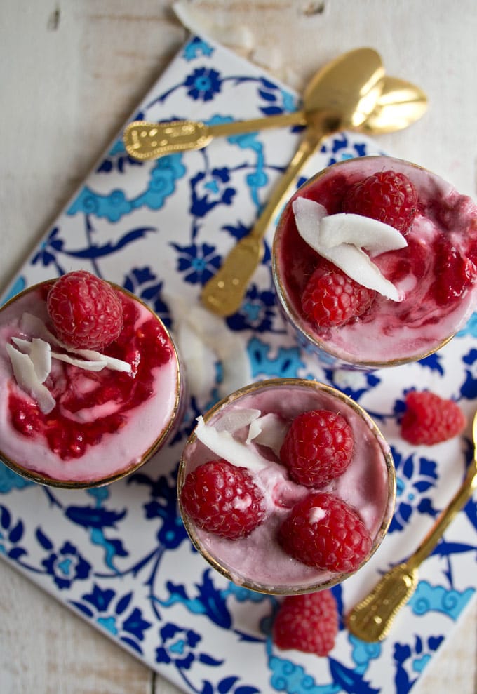 3 dessert cups with raspberry coconut fool