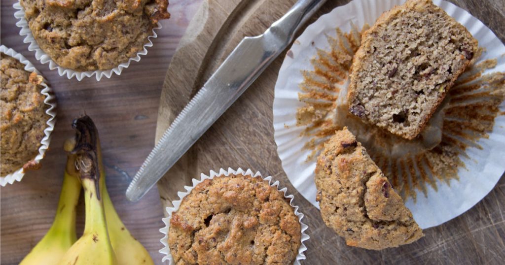 a low carb chocolate banana muffin cut in half