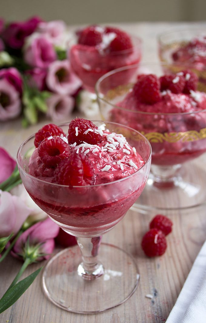 glass serving bowl with raspberry frozen yogurt topped with fresh raspberries
