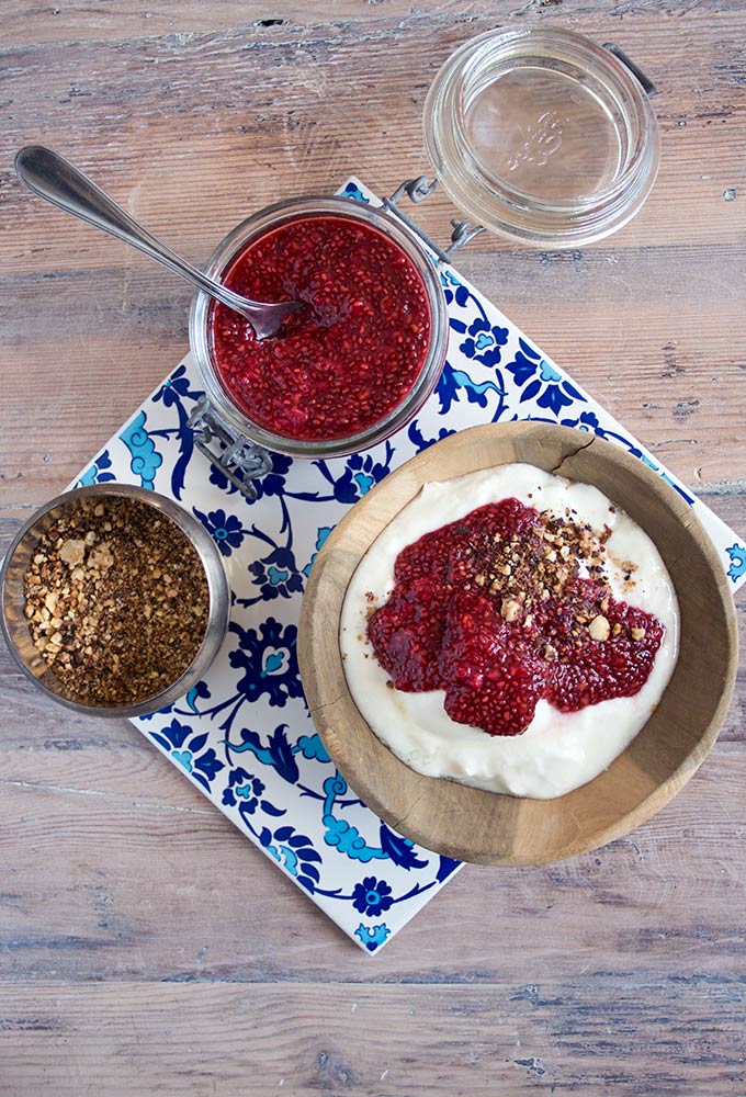 sugar free raspberry jam on yoghurt