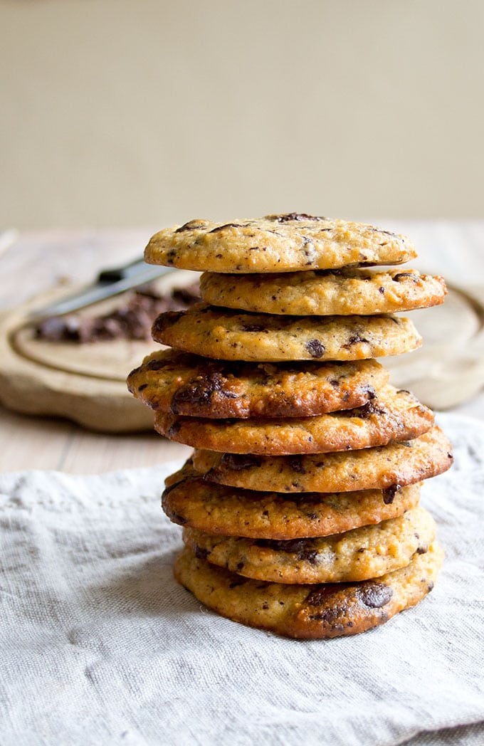 A stack of low carb chocolate chip cookies on a table 