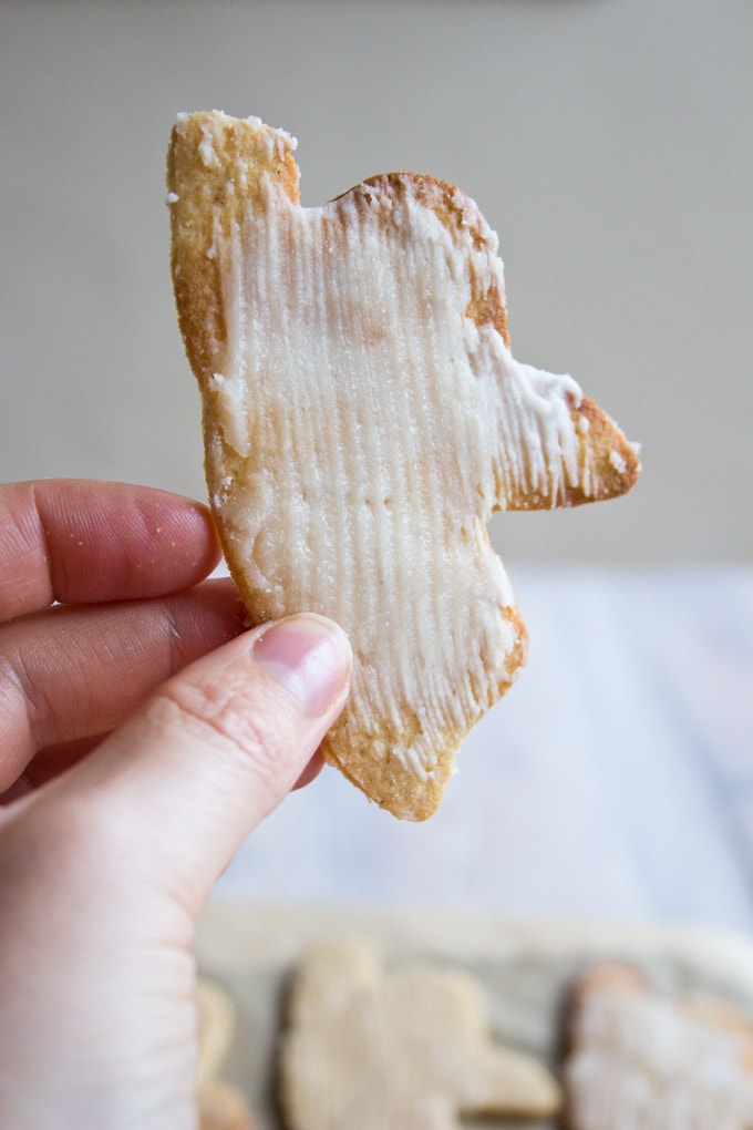 a sugar free cut out cookie with coconut glaze