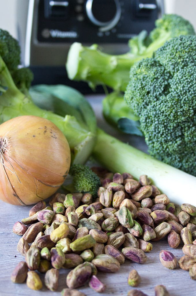 pistachios, onion and broccoli heads