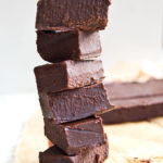 a stack of chocolate peanut butter fudge