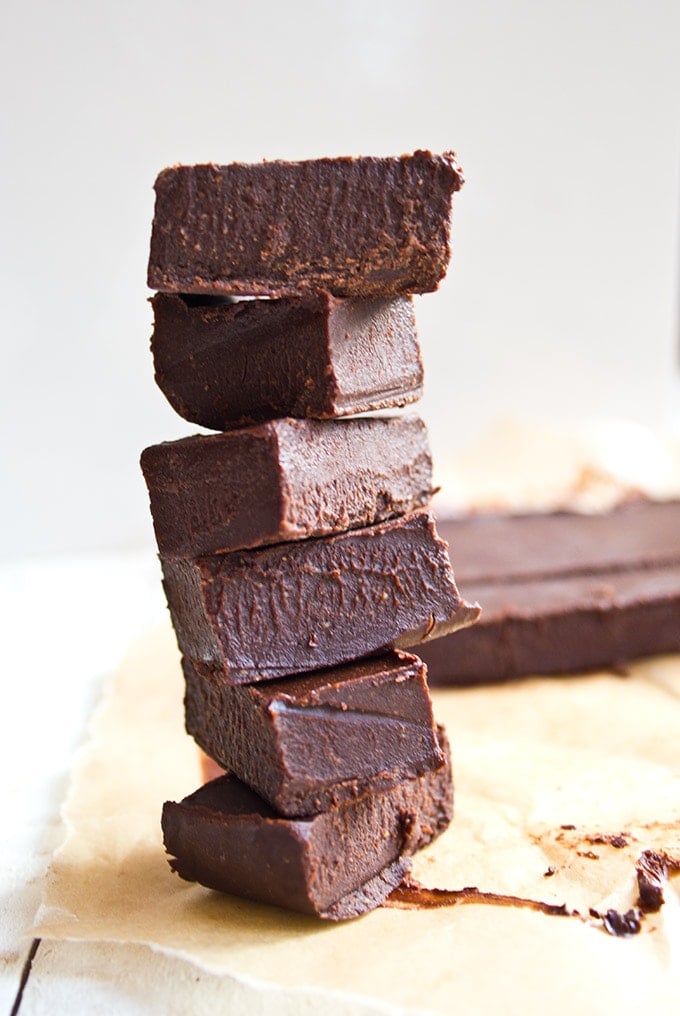 A stack of sugar free fudge made with chocolate and peanut butter