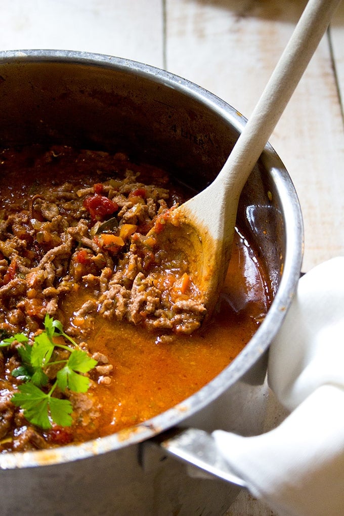 low carb bolognese sauce in a pot with a spoon