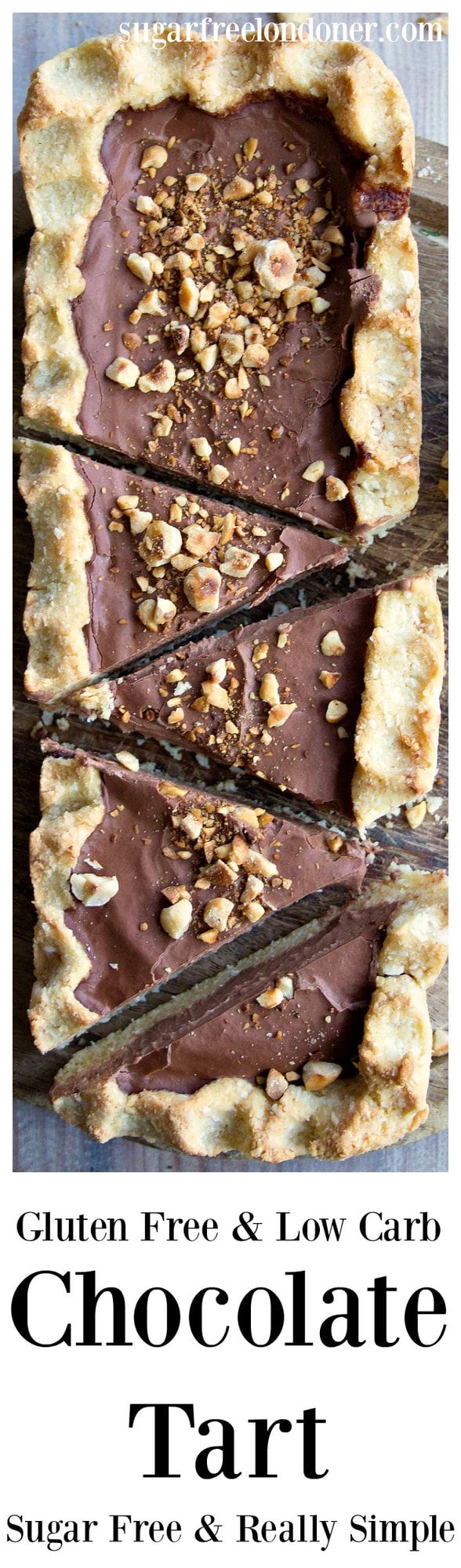 This really simple and decadently creamy low carb chocolate tart is assembled in minutes. It is gluten free, keto, low carb and sugar free.