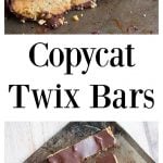 a stack of homemade twix bars and twix bars on a baking tray