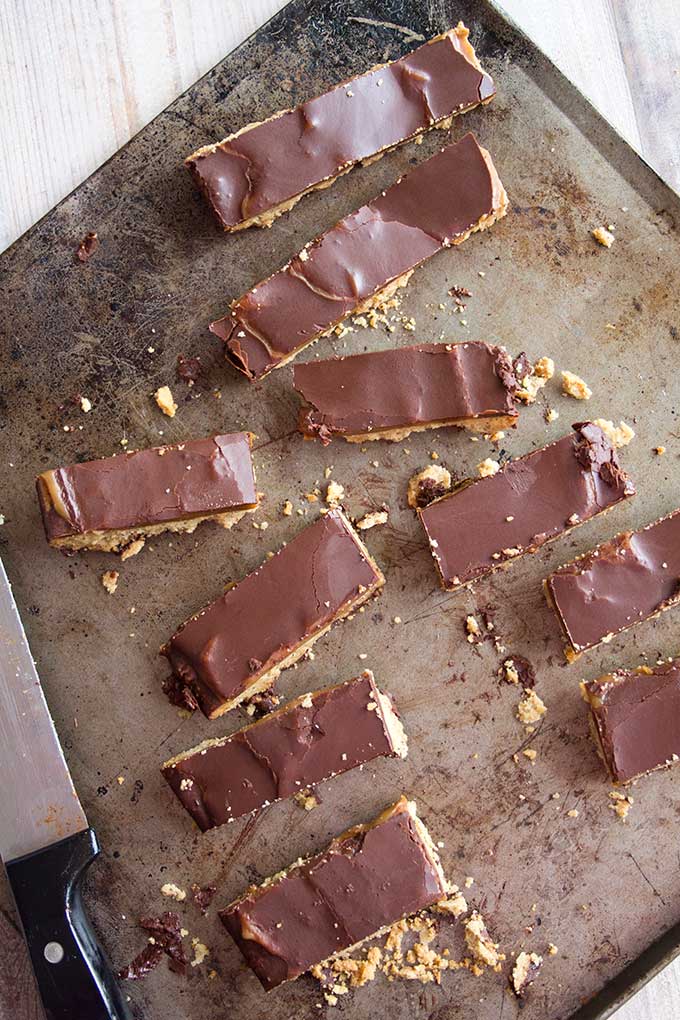 A selection of homemade Twix Bars with a knife