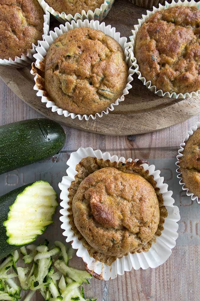 Closeup of low carb zucchini muffins with grated zucchini