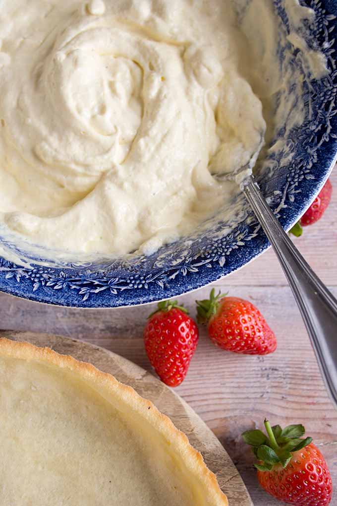 mixing the mascarpone with the egg whites and sweetener to make the filling, to be added into the coconut flour tart base below 