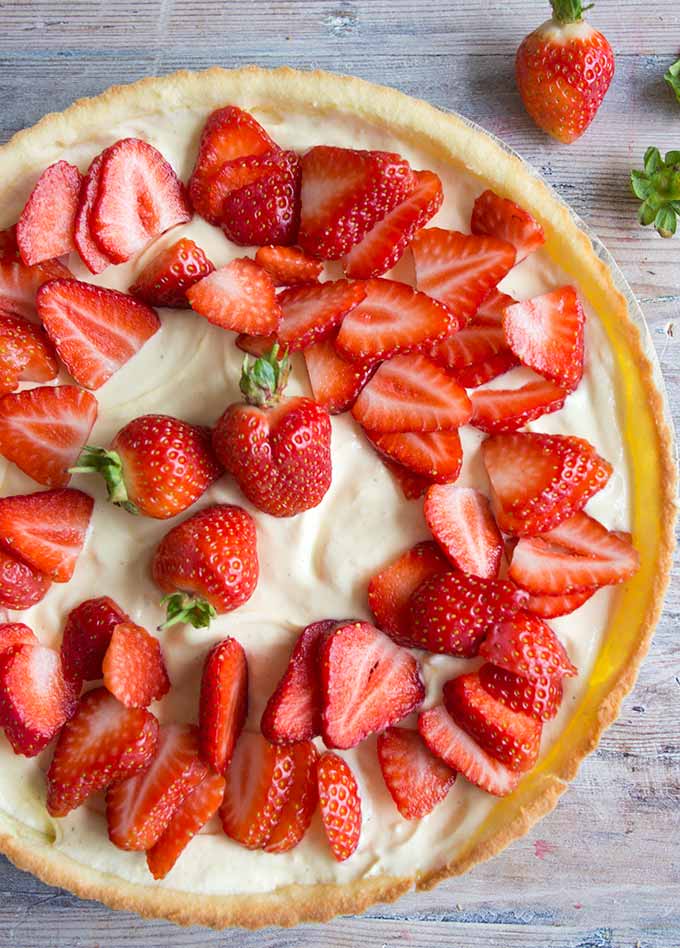 A low carb strawberry mascarpone tart decorated with strawberries