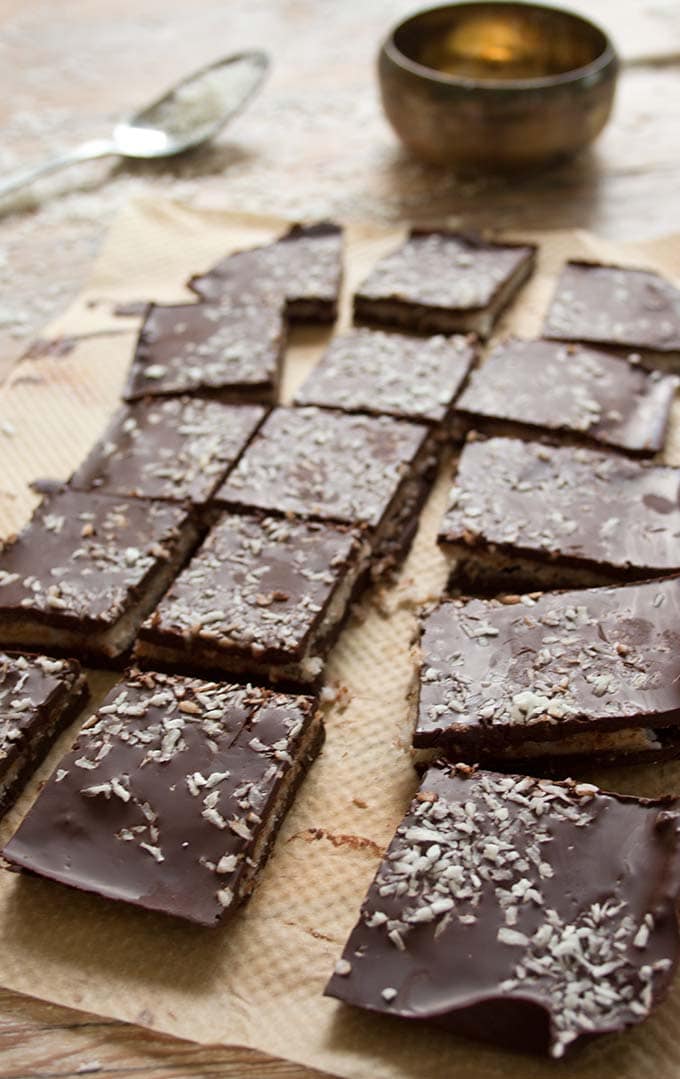 keto Bounty bar chocolate bark cut into pieces