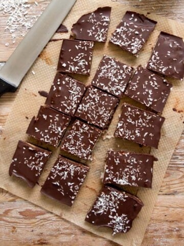 bounty bar chocolate bark squares and a knife