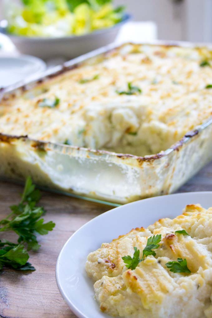 a portion of low carb fish pie on a plate