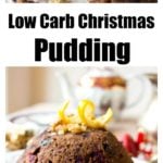 a low carb English Christmas Pudding on a plate decorated with orange peel