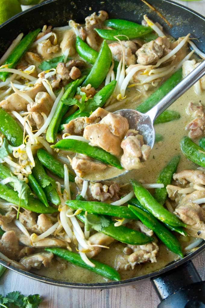 a spoonful of thai green curry with chicken