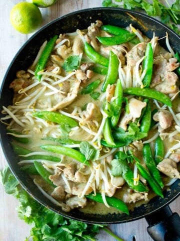 thai chicken green curry in a pan