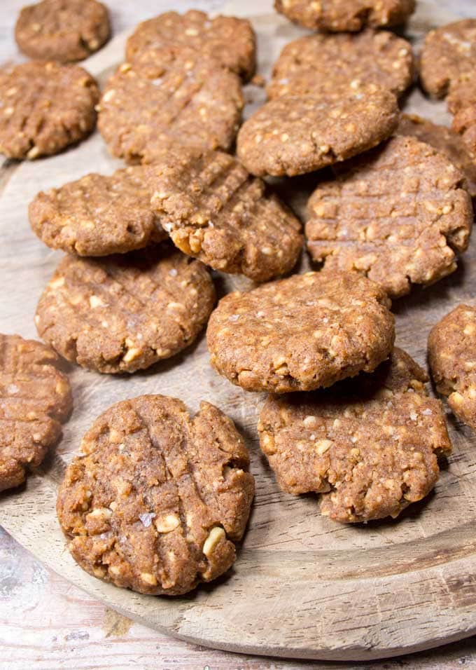 low carb peanut butter cookies on a wooden board