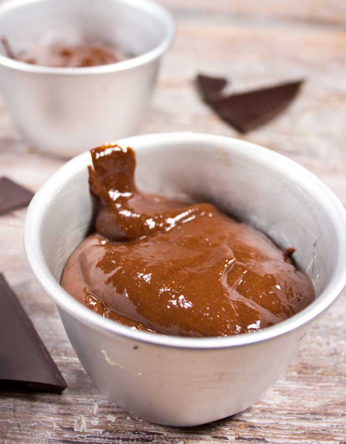 Sugar free chocolate lava cake batter in a ramekin 