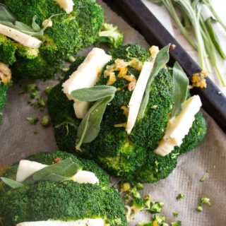 broccoli heads stuffed with sage and caramelised leeks before baking