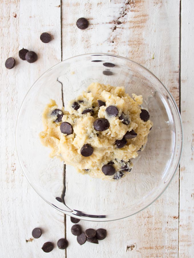 A bowl with almond flour dough and chocolate chips