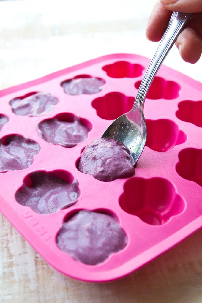 Blueberry and Coconut Mix filled into mould with spoon