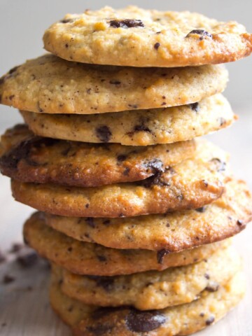 a stack of keto chocolate chip cookies