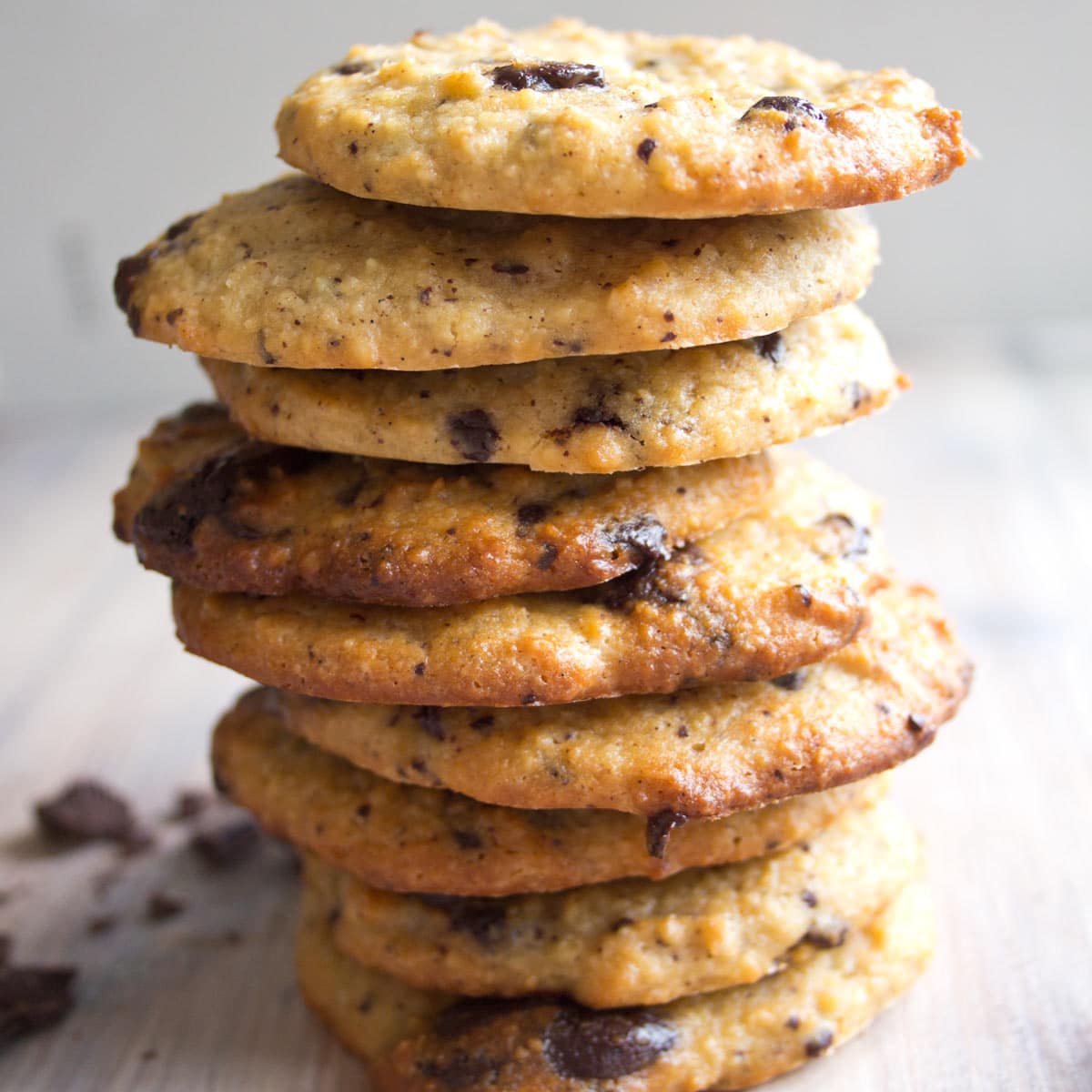 a stack of keto chocolate chip cookies