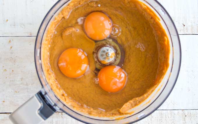 pumpkin filling and eggs in a food processor bowl