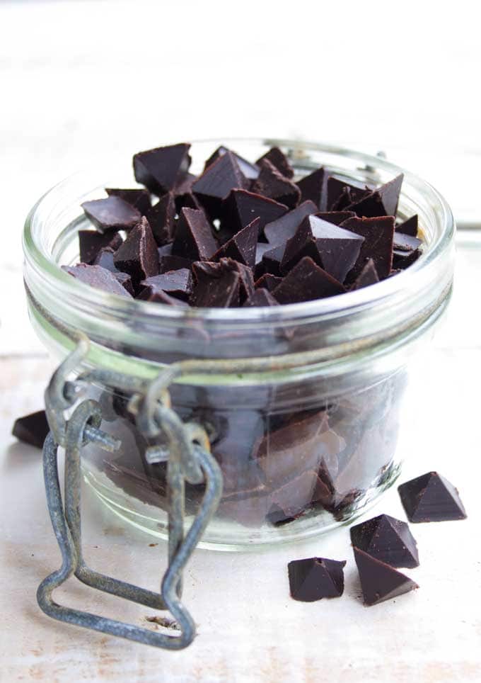 a jar with homemade sugar free chocolate chips