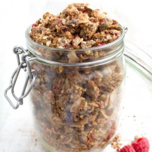 a mason jar filled with low carb granola