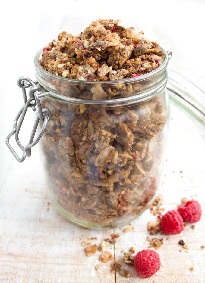 a glass jar with low carb granola