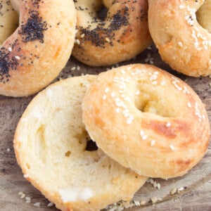 A sliced and buttered keto bagel.