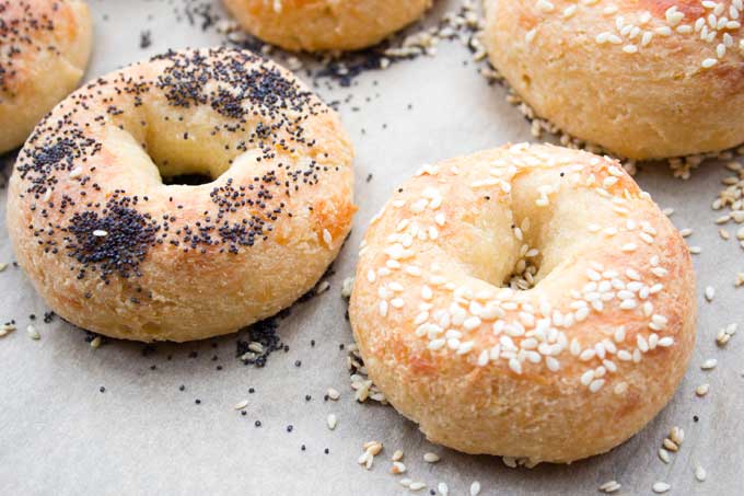 baked keto bagels with sesame seed and poppy seed