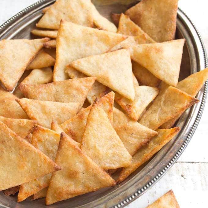 Keto tortilla chips in a bowl.