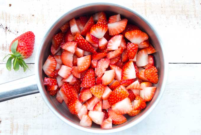 chopped strawberries in a saucepan