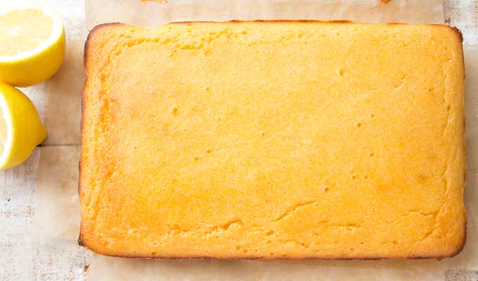 the rectangular Keto lemon cake after baking