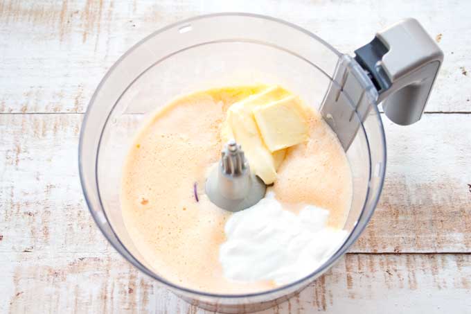 beaten eggs, sour cream and butter in a mixing bowl