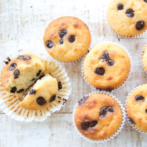 almond flour muffins with chocolate chips on a white wooden surface