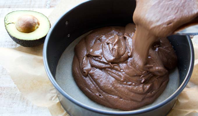 pouring cake batter into a springform lined with parchment paper and half an avocado on the side