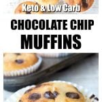 a chocolate chip muffin with an opened paper case around it and more keto muffins on a table