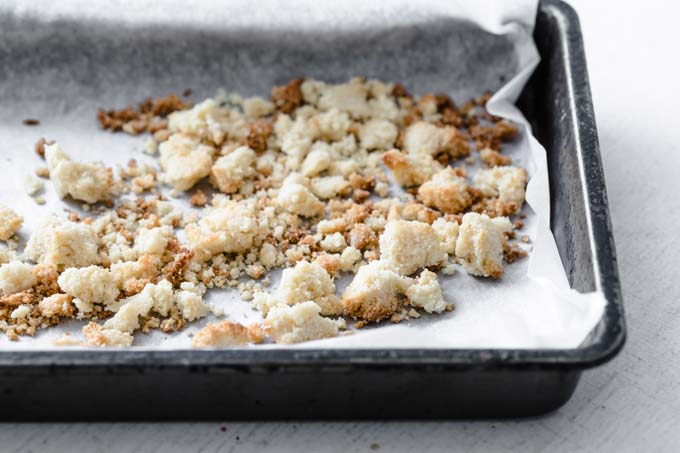 roasted biscuit crumble on a baking tray