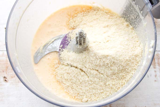 almond flour and mixed wet ingredients in a food processor